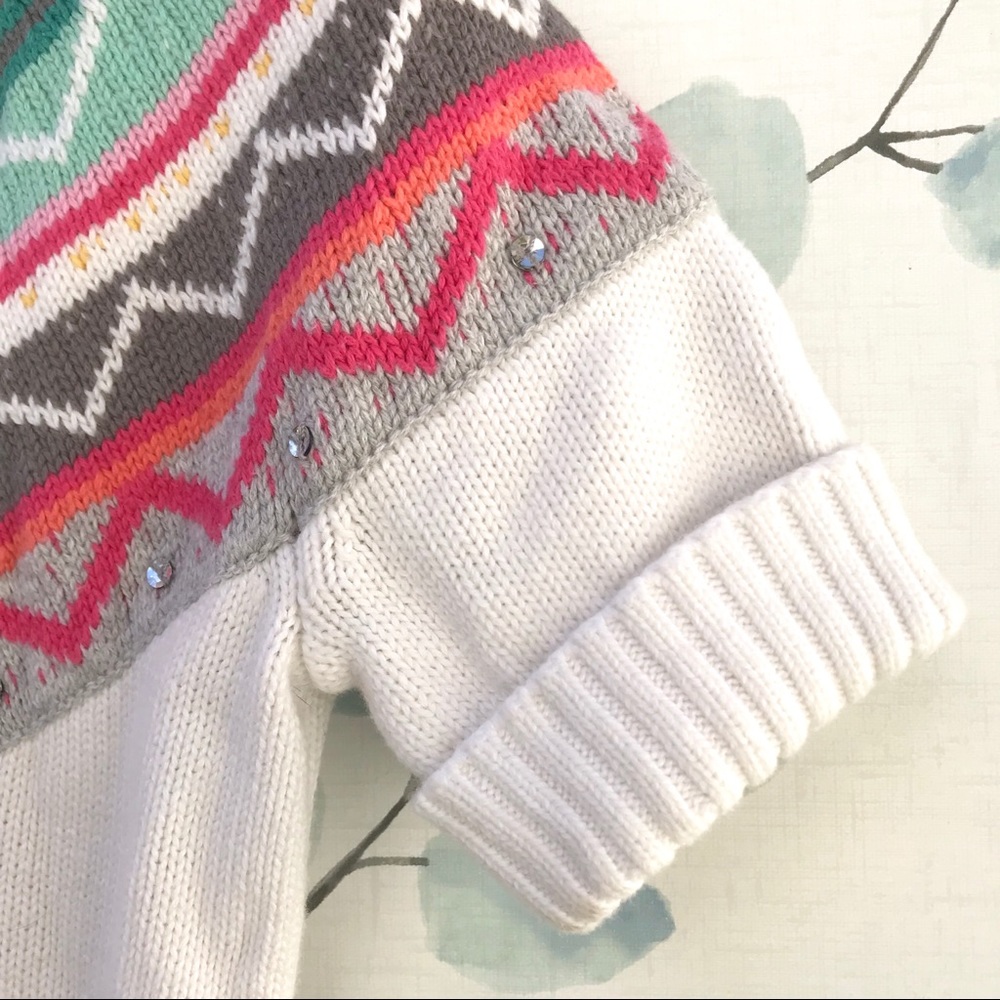 Gymboree Kids Fair Isle White Pink Green Knit Sweater with Tie & Tassels - Picture 3 of 7
